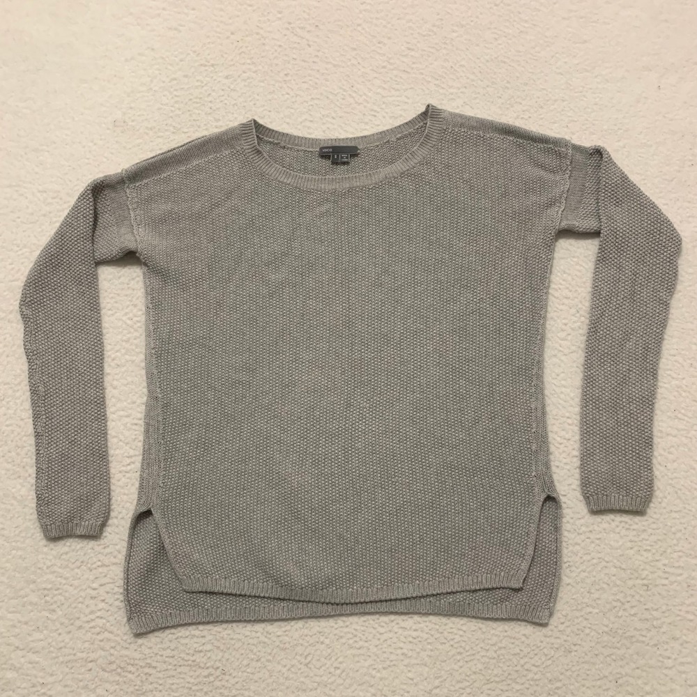Vince.Textured Knit Crew Neck Sweater Womens Small Side Slit Drop Shoulder Gray